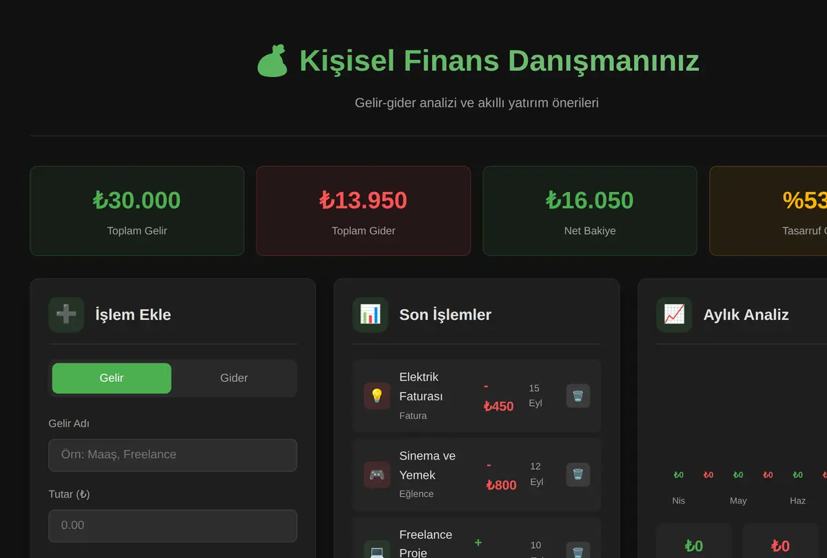 Kişisel Finans Danışmanınız: Gelir-Gider ve Yatırım Analizi ekran görüntüsü