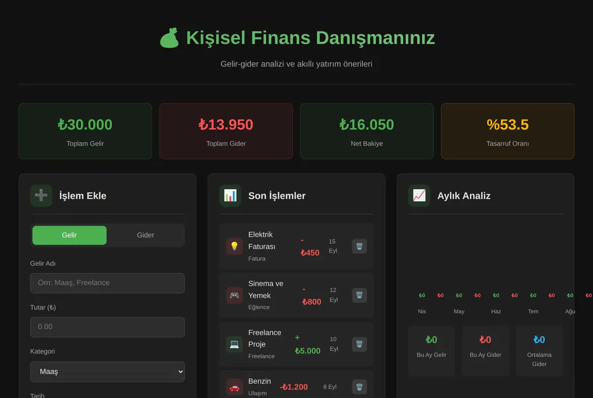 Kişisel Finans Danışmanınız: Gelir-Gider ve Yatırım Analizi ekran görüntüsü 2
