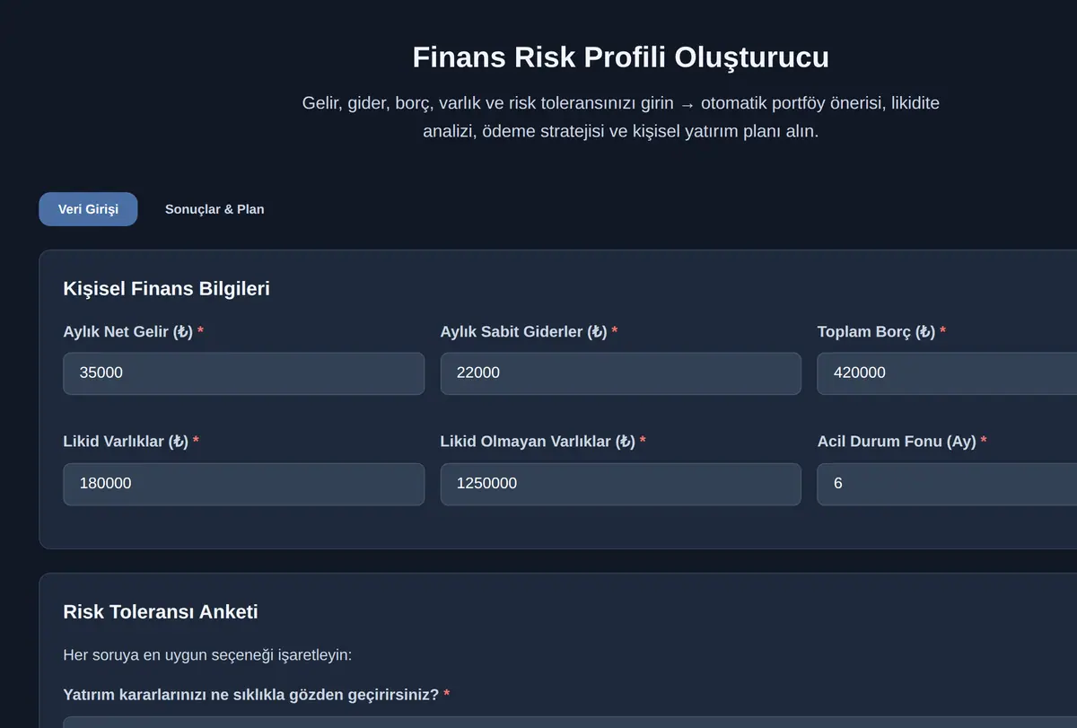 Finans Risk Profili Oluşturucu ekran görüntüsü