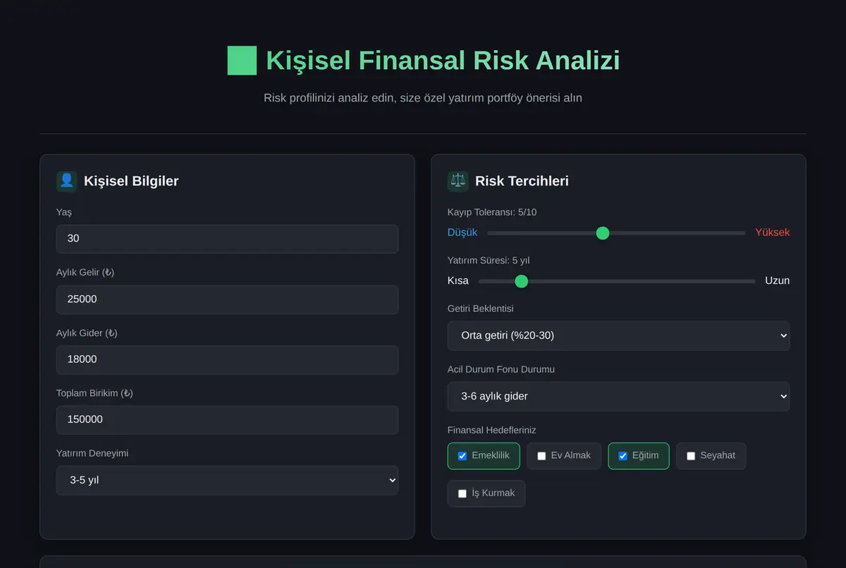 Kişisel Finansal Risk Analizi ve Portföy Oluşturucu ekran görüntüsü 2
