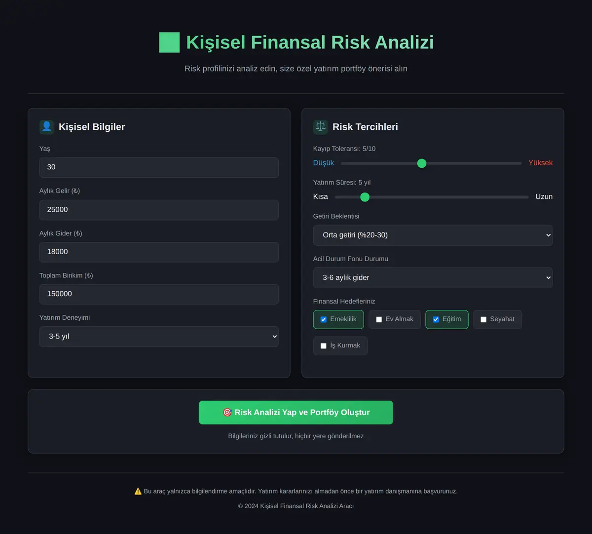 Kişisel Finansal Risk Analizi ve Portföy Oluşturucu ekran görüntüsü 3