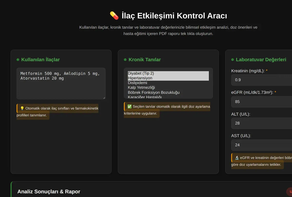 İlaç Etkileşimi Kontrol Aracı ekran görüntüsü