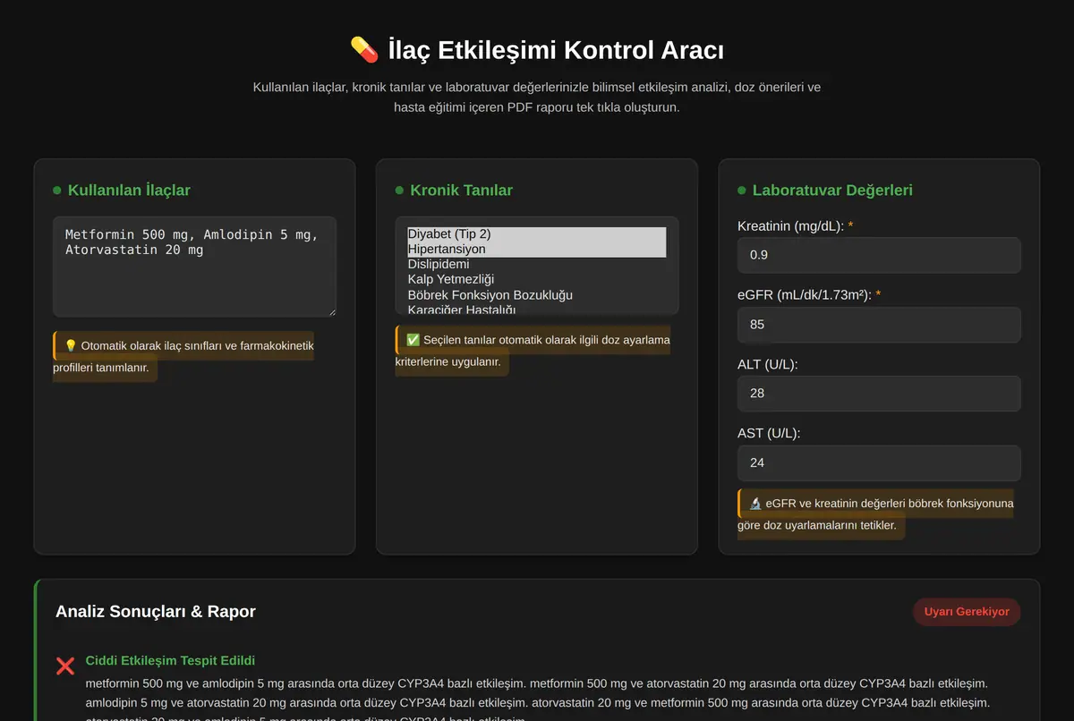 İlaç Etkileşimi Kontrol Aracı ekran görüntüsü 2