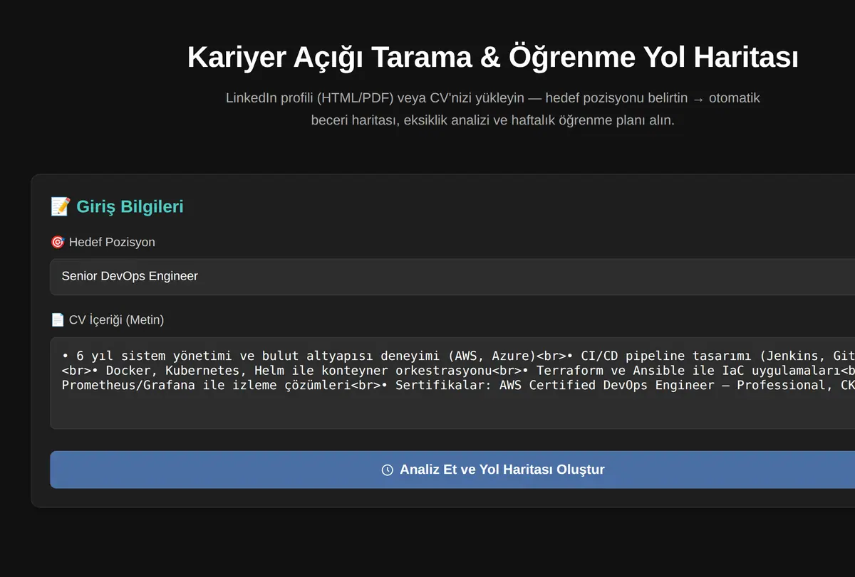 Kariyer Açığı Tarama & Öğrenme Yol Haritası ekran görüntüsü