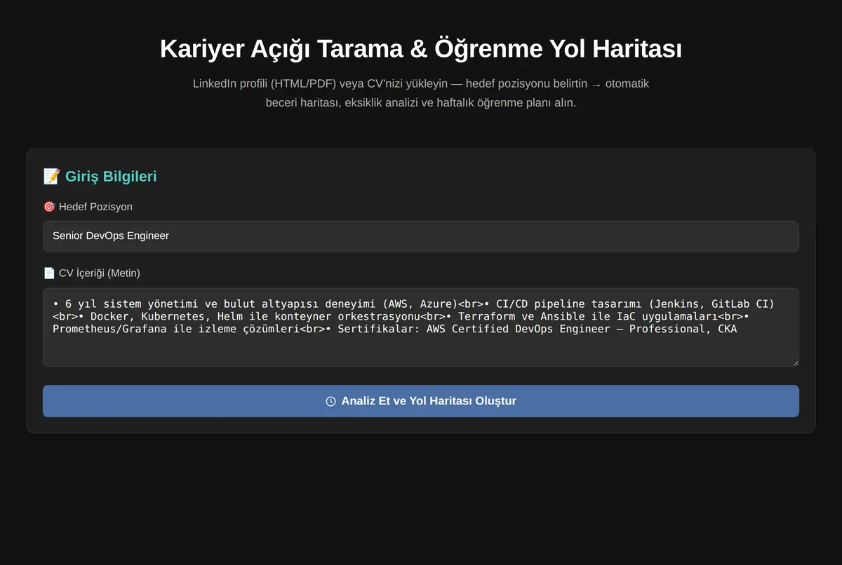 Kariyer Açığı Tarama & Öğrenme Yol Haritası ekran görüntüsü 3
