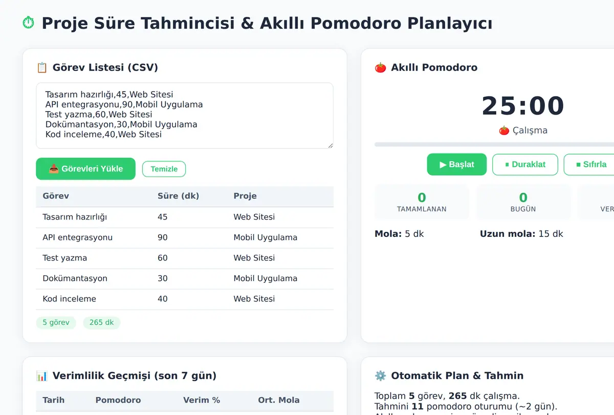 Proje Süre Tahmincisi & Akıllı Pomodoro Planlayıcı ekran görüntüsü