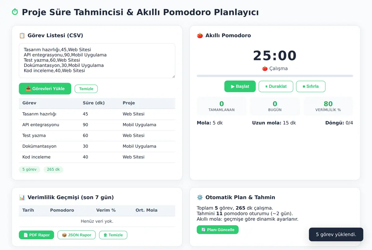 Proje Süre Tahmincisi & Akıllı Pomodoro Planlayıcı ekran görüntüsü 2