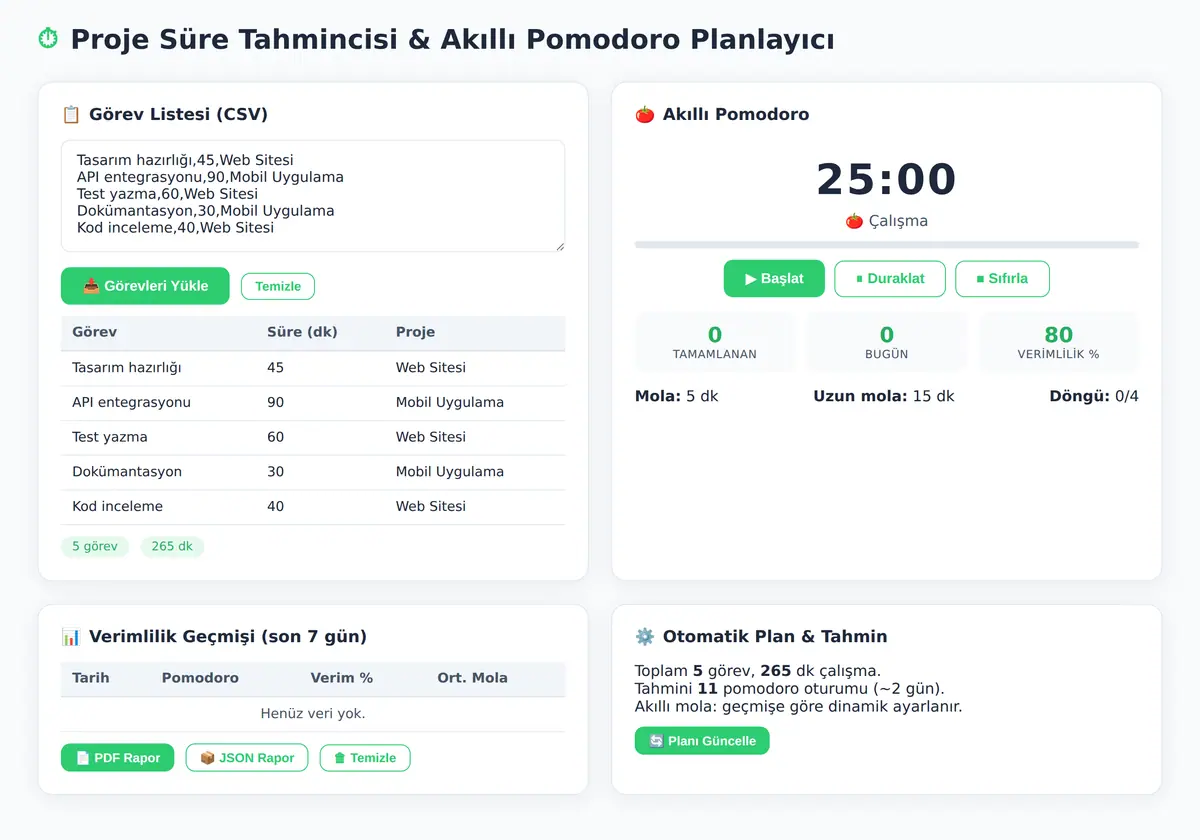 Proje Süre Tahmincisi & Akıllı Pomodoro Planlayıcı ekran görüntüsü 3