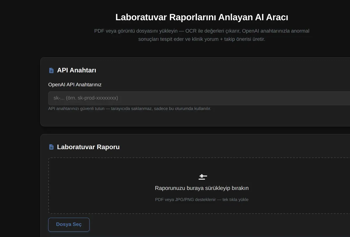 Laboratuvar Raporlarını Anlayan AI Aracı ekran görüntüsü