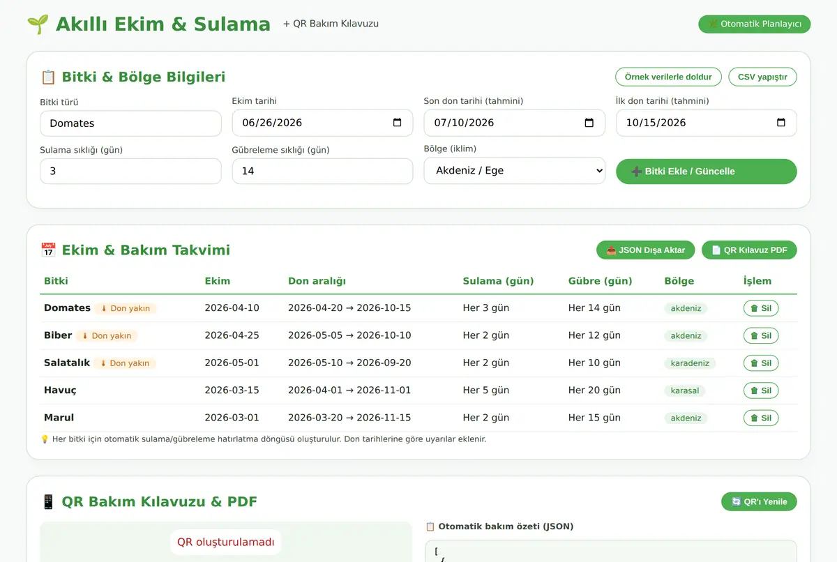 Akıllı Ekim & Sulama Planlayıcı + QR Bakım Kılavuzu ekran görüntüsü 2