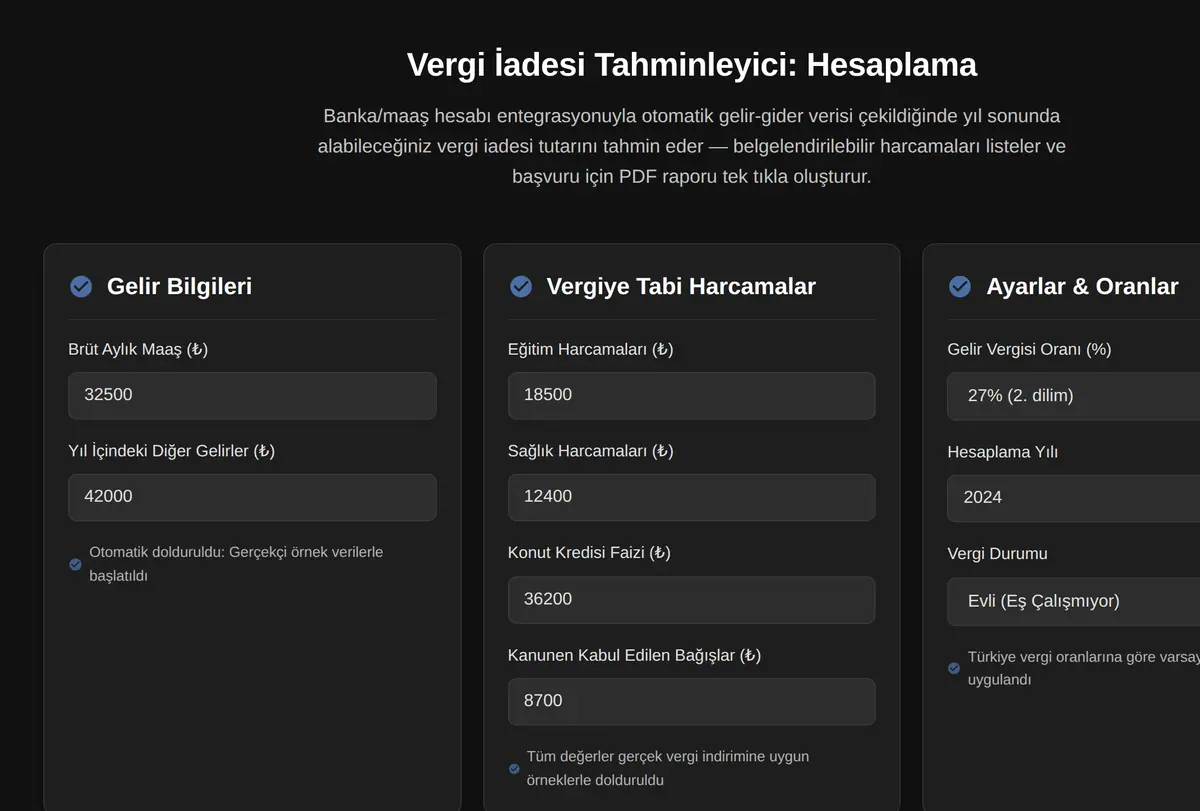 Vergi İadesi Tahminleyici: Hesaplama ekran görüntüsü