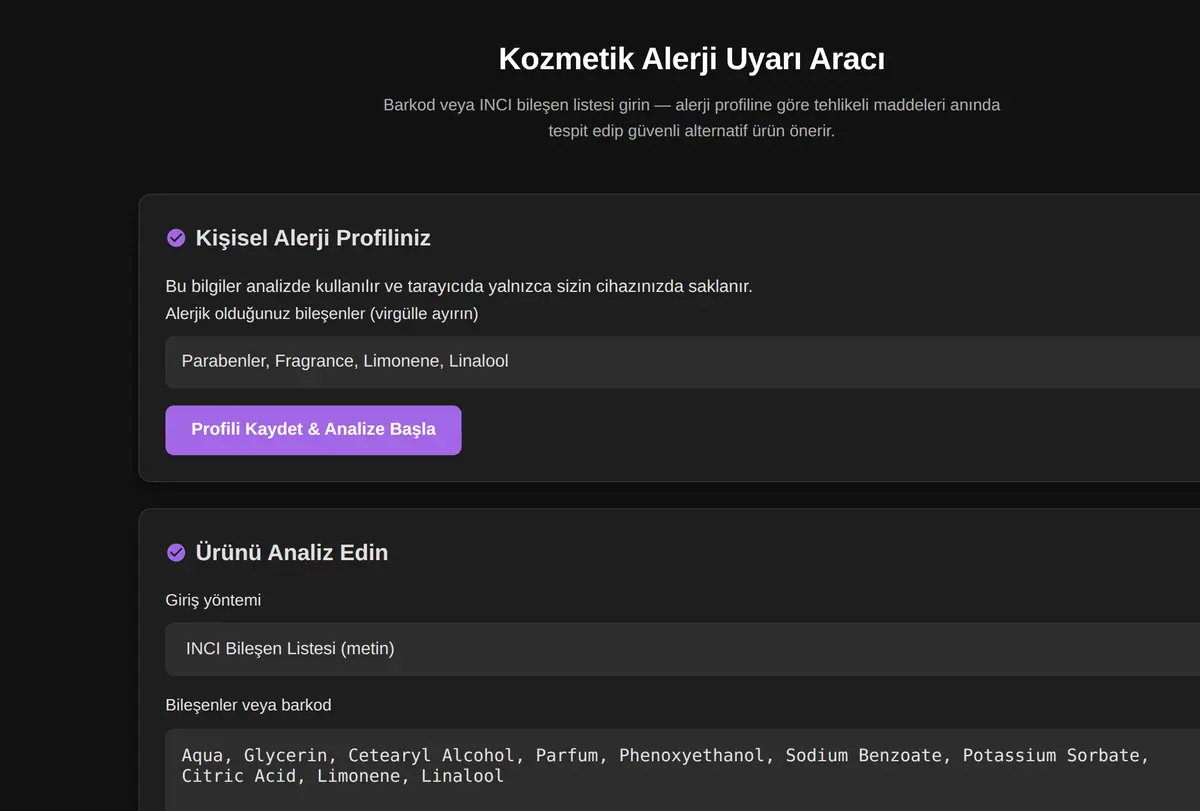 Kozmetik Alerji Uyarı Aracı ekran görüntüsü