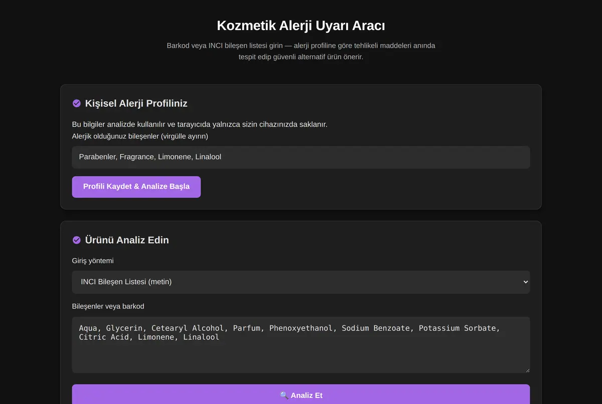 Kozmetik Alerji Uyarı Aracı ekran görüntüsü 2