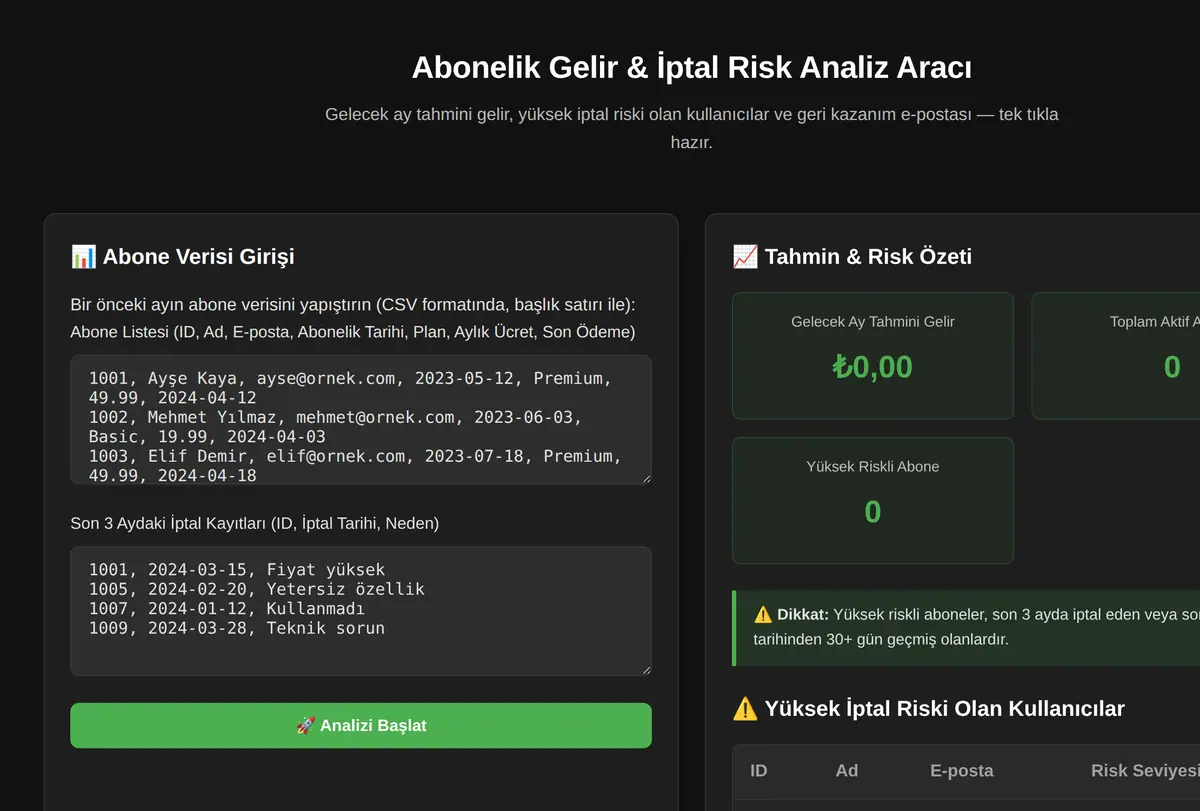 Abonelik Gelir & İptal Risk Analiz Aracı ekran görüntüsü