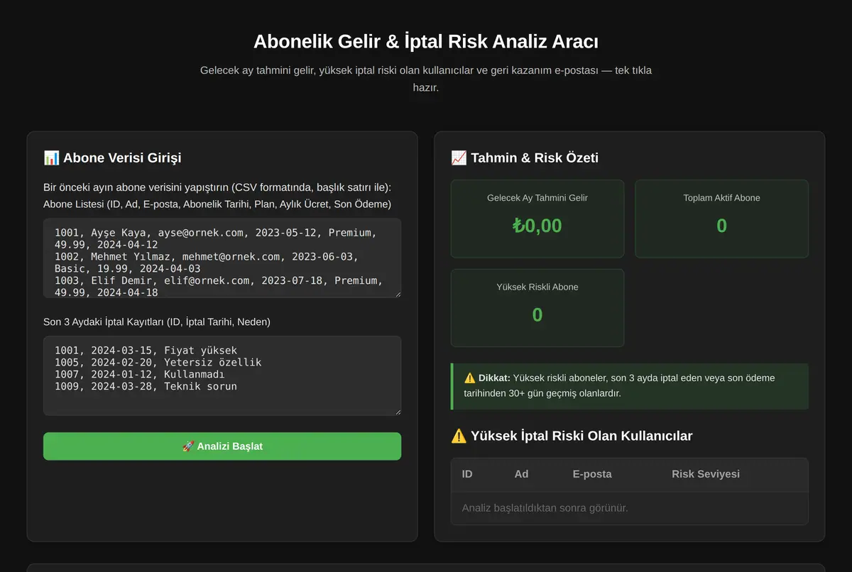 Abonelik Gelir & İptal Risk Analiz Aracı ekran görüntüsü 2