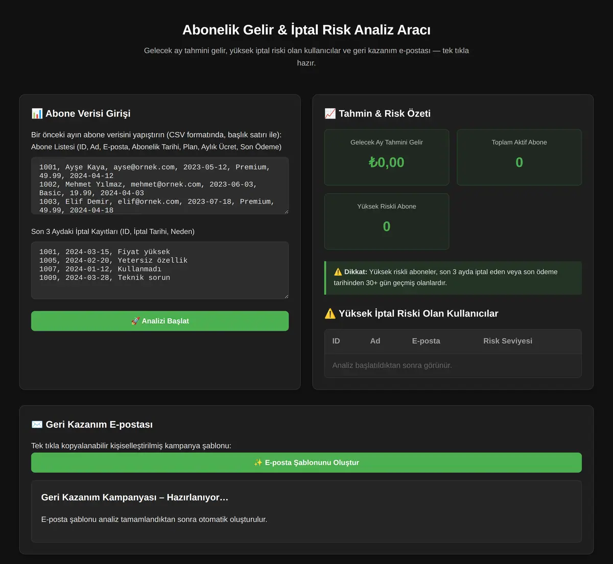 Abonelik Gelir & İptal Risk Analiz Aracı ekran görüntüsü 3