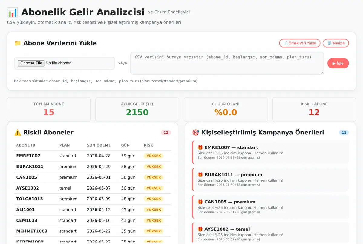 Abonelik Gelir Analizcisi ve Churn Engelleyici ekran görüntüsü 2