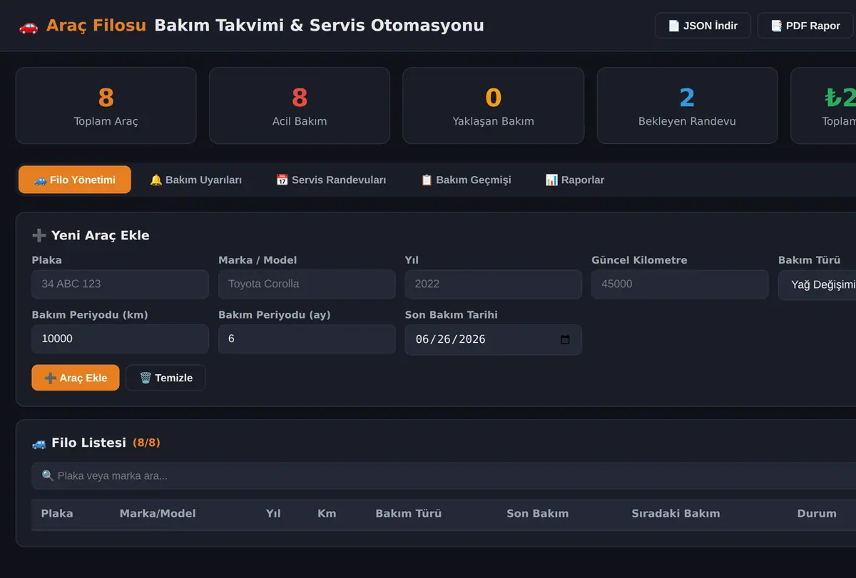 Araç Filosu Bakım Takvimi & Servis Otomasyonu ekran görüntüsü