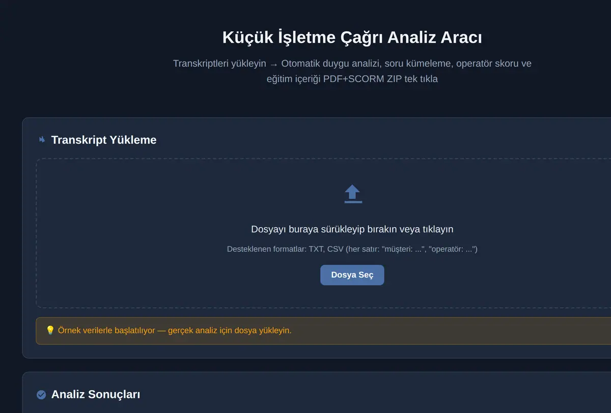 Küçük İşletme Çağrı Analiz Aracı ekran görüntüsü