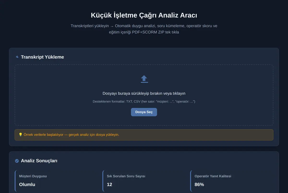 Küçük İşletme Çağrı Analiz Aracı ekran görüntüsü 2