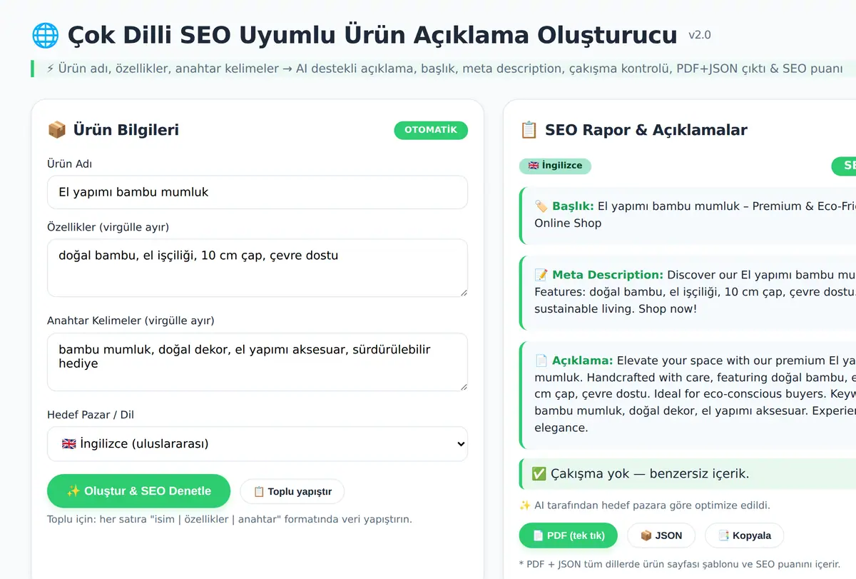 Çok Dilli SEO Uyumlu Ürün Açıklama Oluşturucu ekran görüntüsü