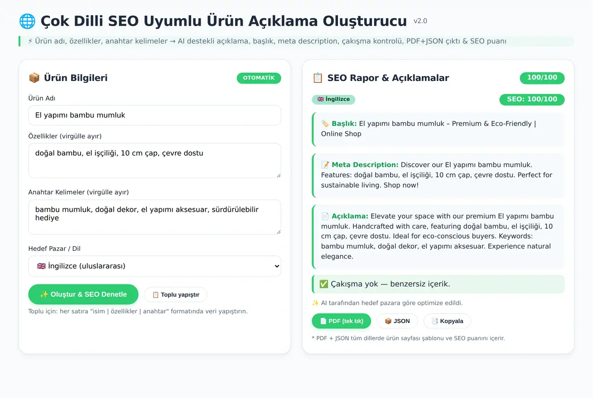 Çok Dilli SEO Uyumlu Ürün Açıklama Oluşturucu ekran görüntüsü 3