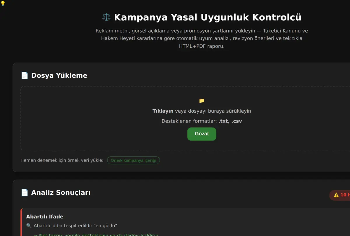 Kampanya Yasal Uygunluk Kontrolcü ekran görüntüsü