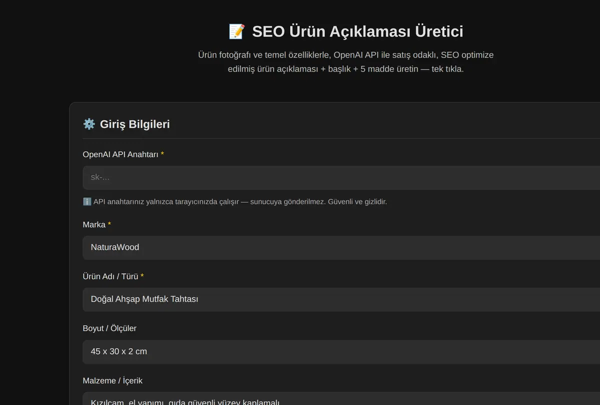 AI Ürün Açıklaması Üretici ekran görüntüsü