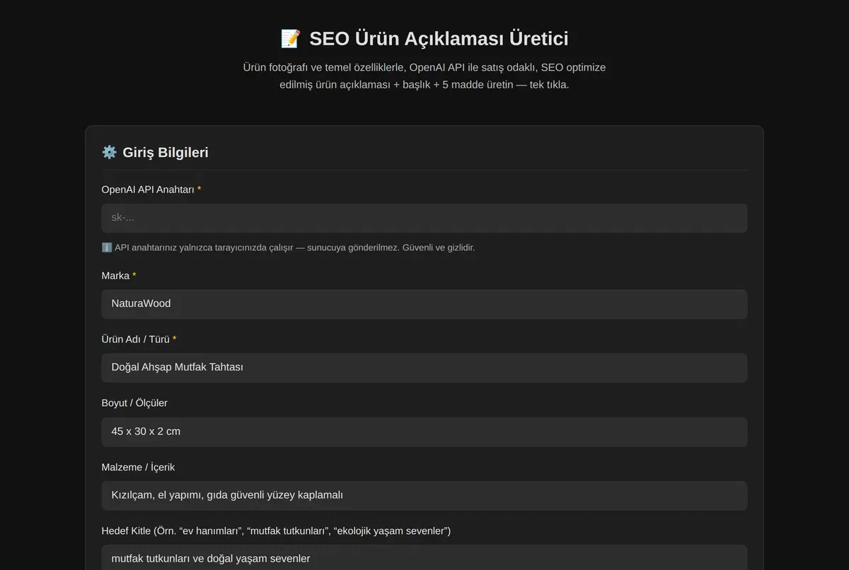 AI Ürün Açıklaması Üretici ekran görüntüsü 2