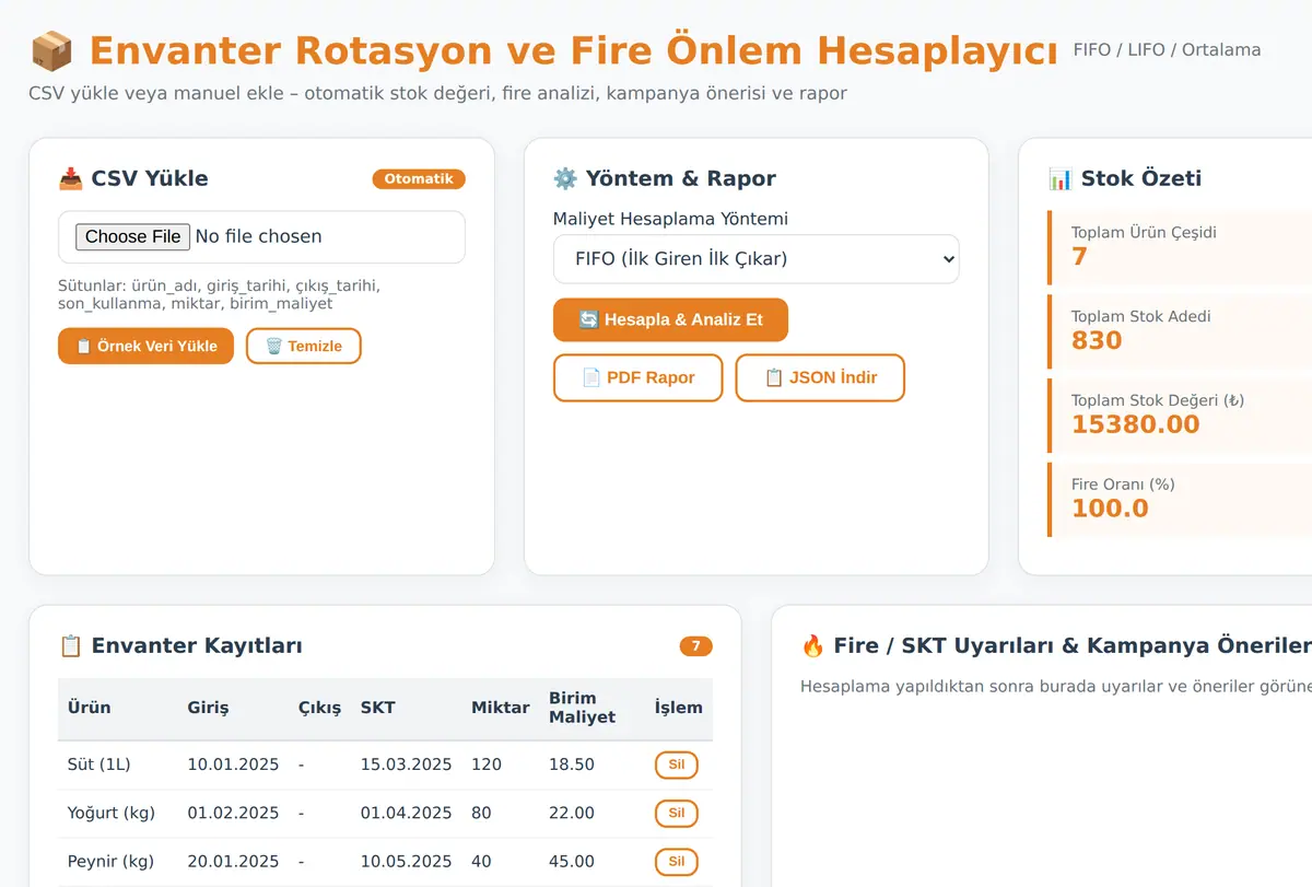 Envanter Rotasyon ve Fire Önlem Hesaplayıcı ekran görüntüsü