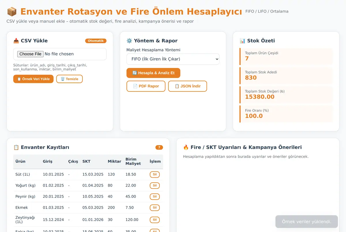 Envanter Rotasyon ve Fire Önlem Hesaplayıcı ekran görüntüsü 2