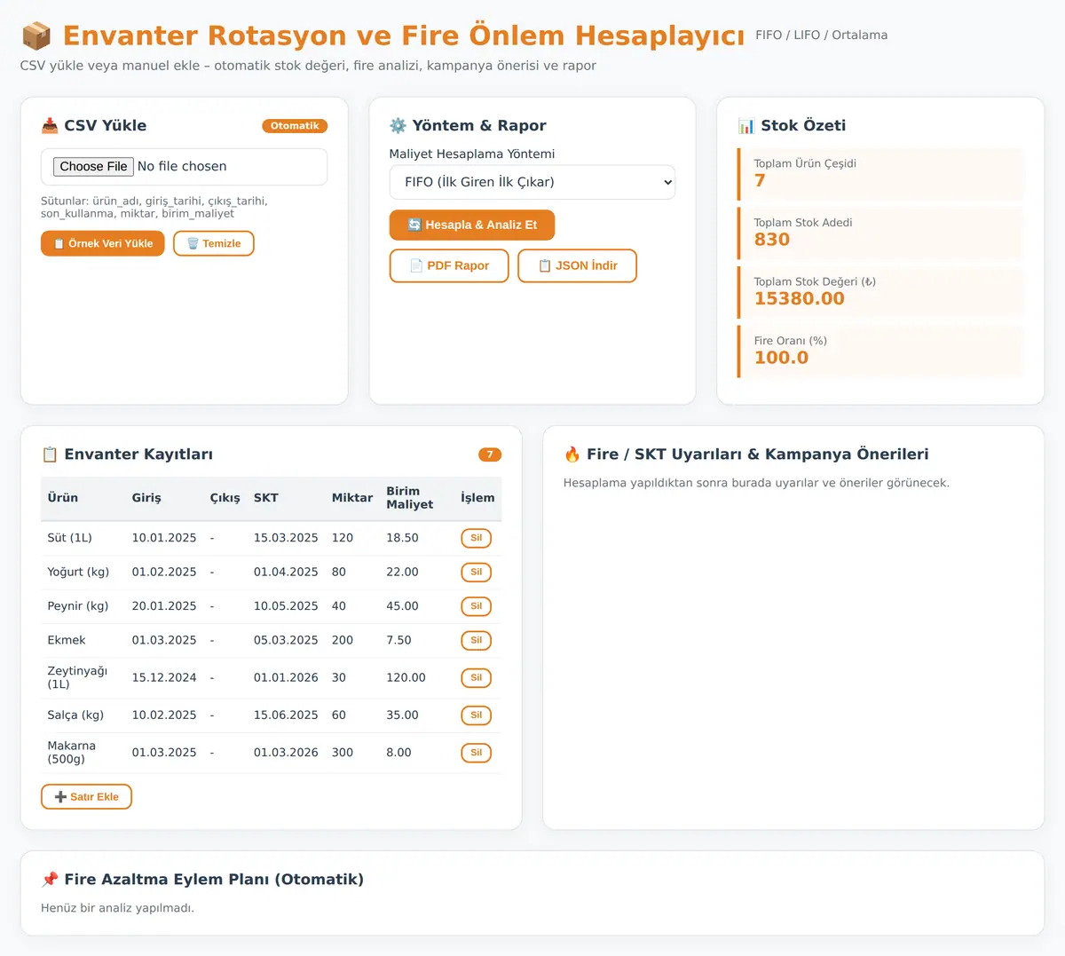 Envanter Rotasyon ve Fire Önlem Hesaplayıcı ekran görüntüsü 3