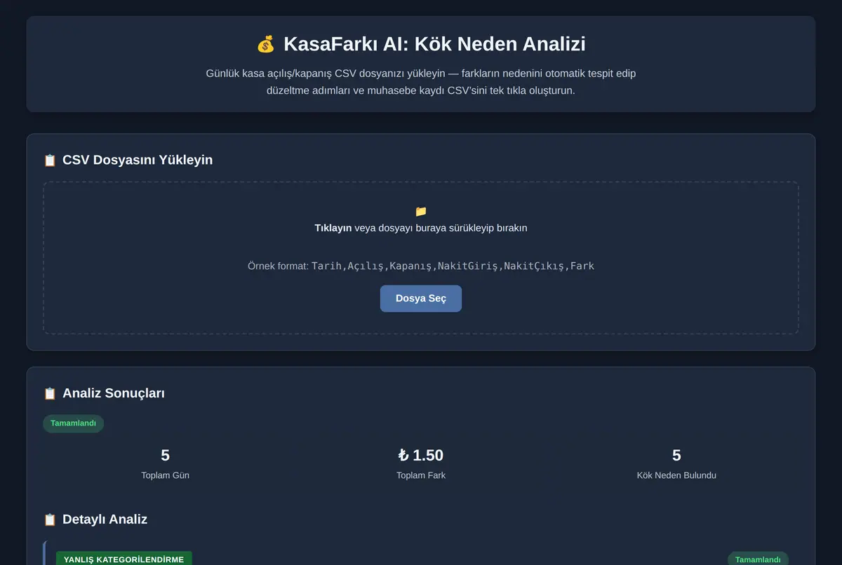 KasaFarkı AI: Kök Neden Analizi ekran görüntüsü 2
