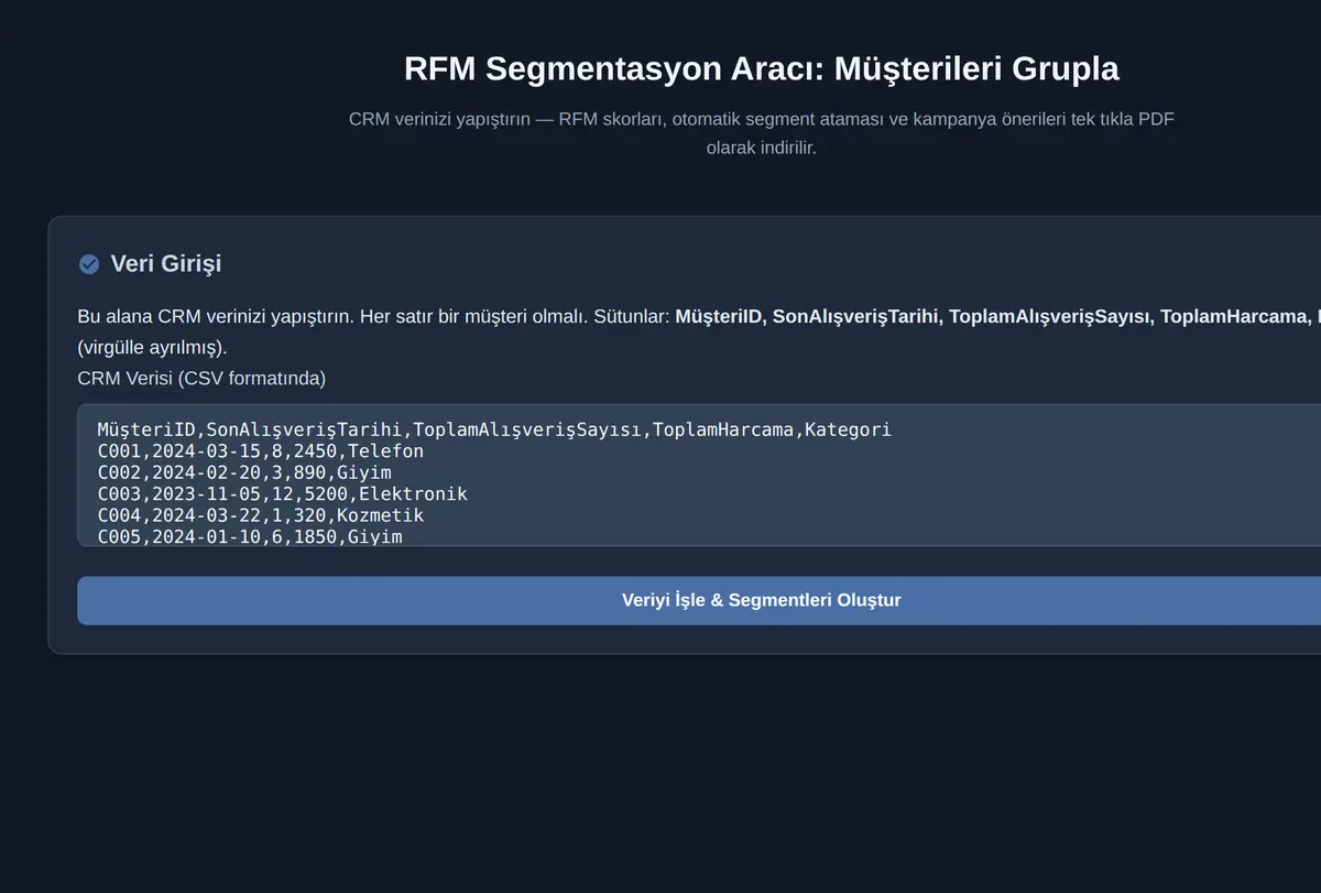 RFM Segmentasyon Aracı: Müşterileri Grupla ekran görüntüsü