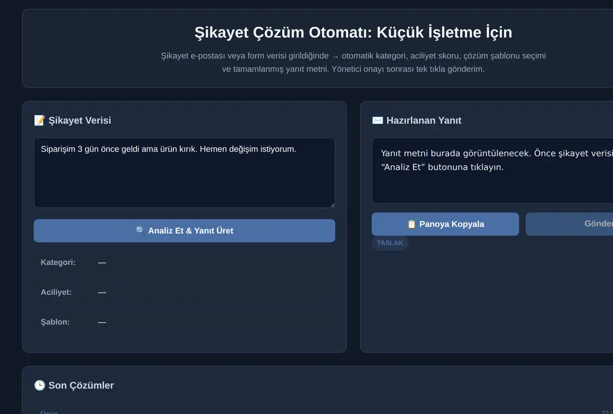 Şikayet Çözüm Otomatı: Küçük İşletme İçin ekran görüntüsü