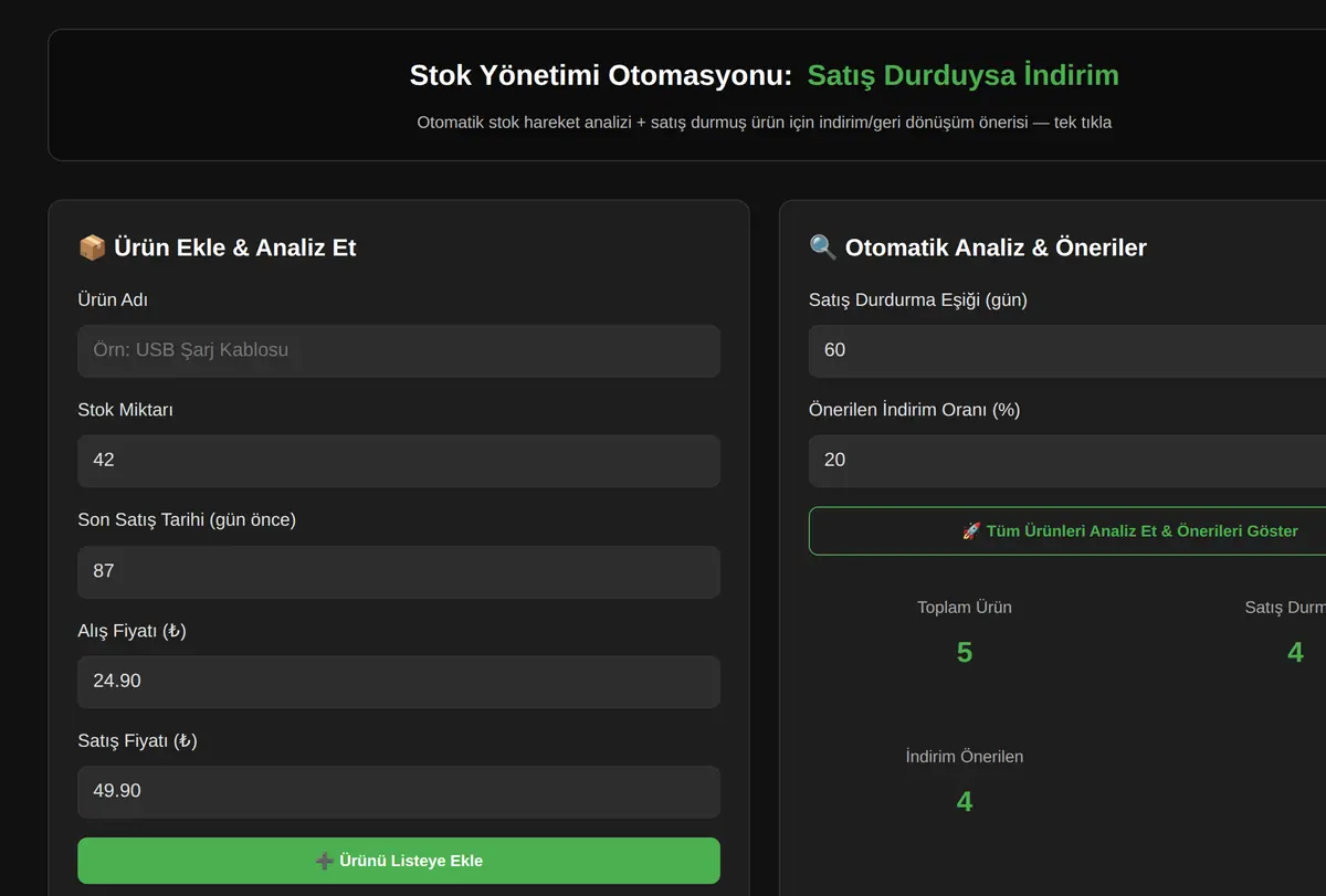 Stok Yönetimi Otomasyonu: Satış Durduysa İndirim ekran görüntüsü