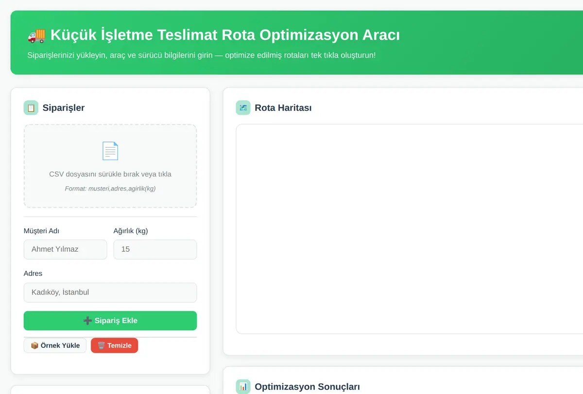 Küçük İşletme Teslimat Rota Optimizasyon Aracı ekran görüntüsü