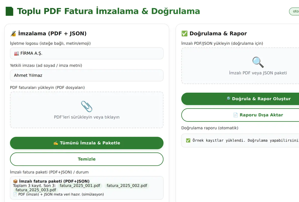 Toplu PDF Fatura İmzalama & Doğrulama Aracı ekran görüntüsü