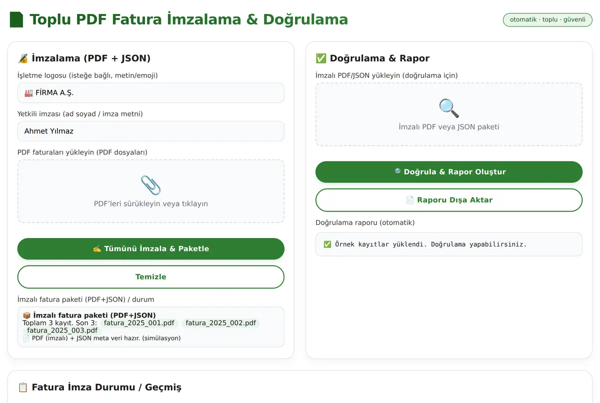 Toplu PDF Fatura İmzalama & Doğrulama Aracı ekran görüntüsü 2