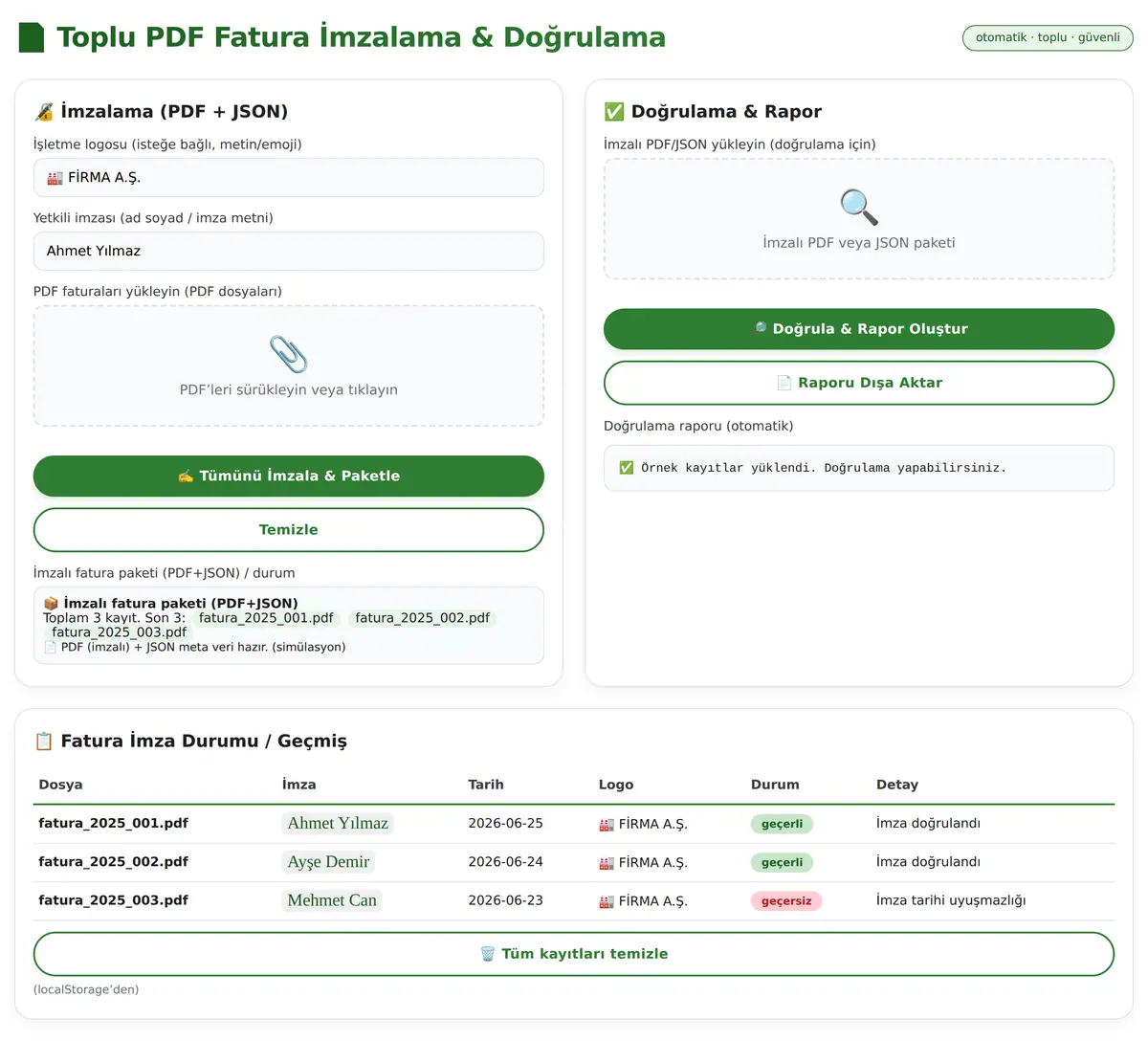 Toplu PDF Fatura İmzalama & Doğrulama Aracı ekran görüntüsü 3