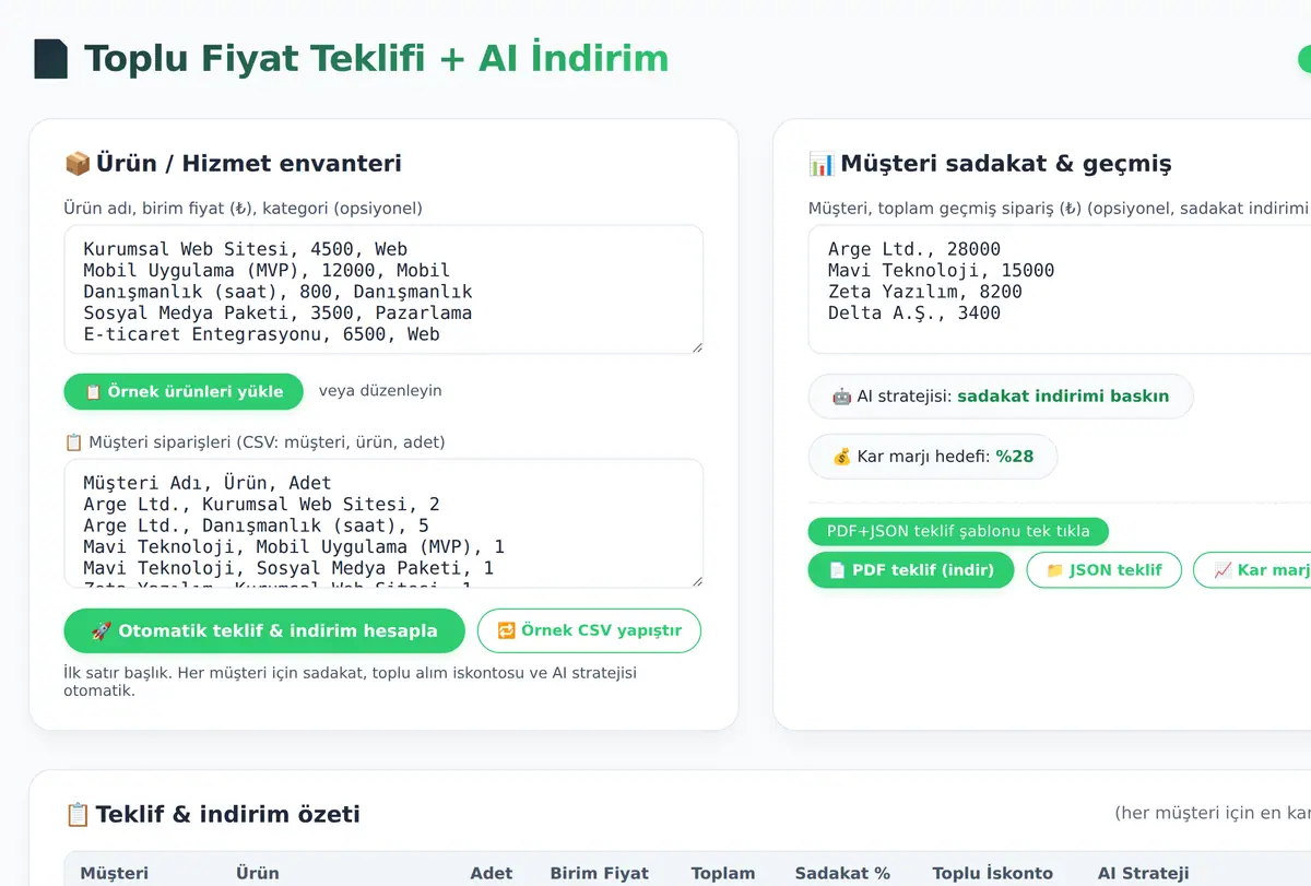 Toplu Fiyat Teklifi Oluşturucu · AI İndirim ekran görüntüsü