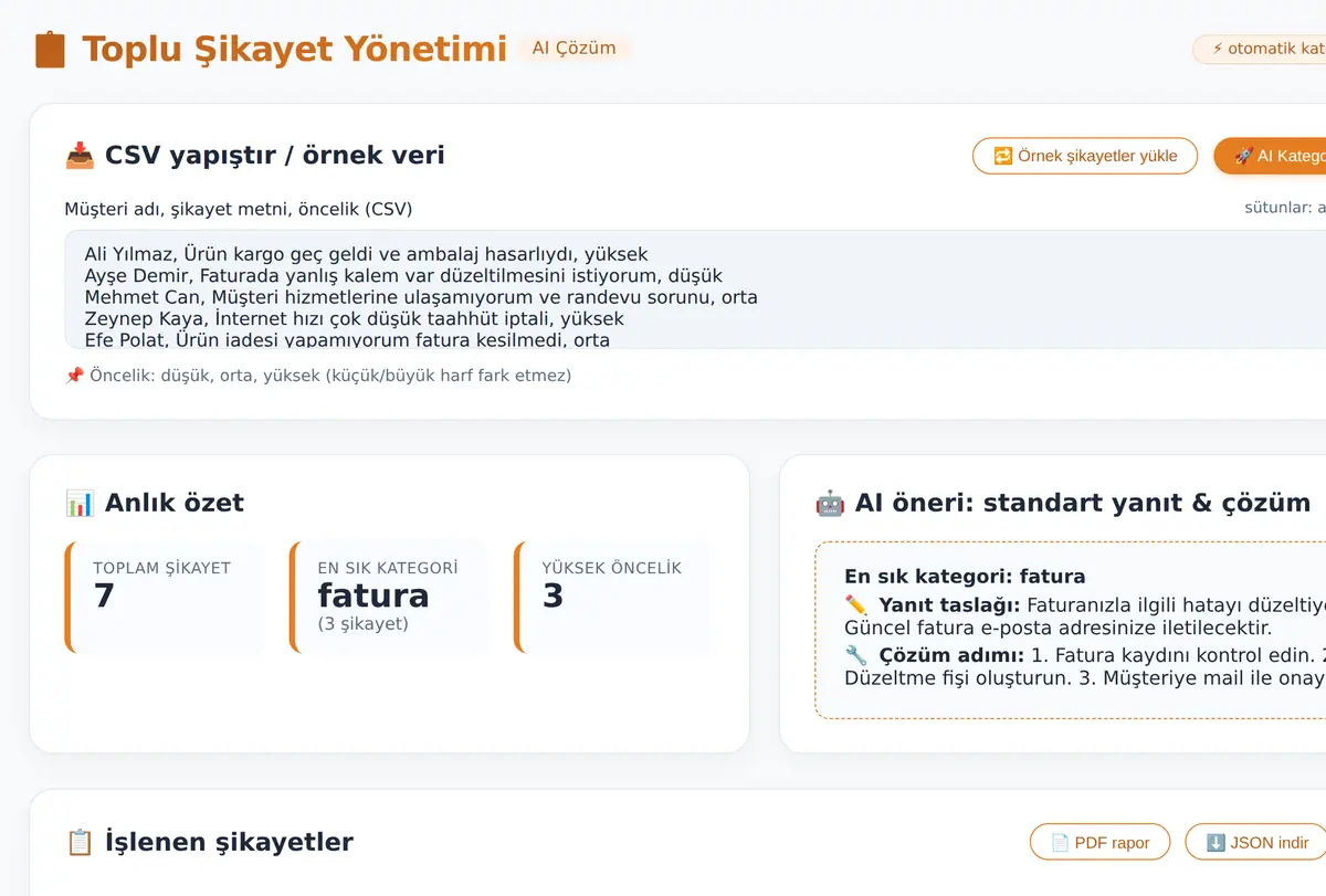 Toplu Şikayet Yönetimi ve AI Çözüm Yönlendirici ekran görüntüsü