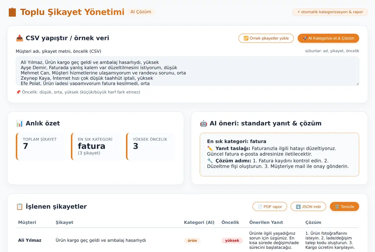 Toplu Şikayet Yönetimi ve AI Çözüm Yönlendirici ekran görüntüsü 2