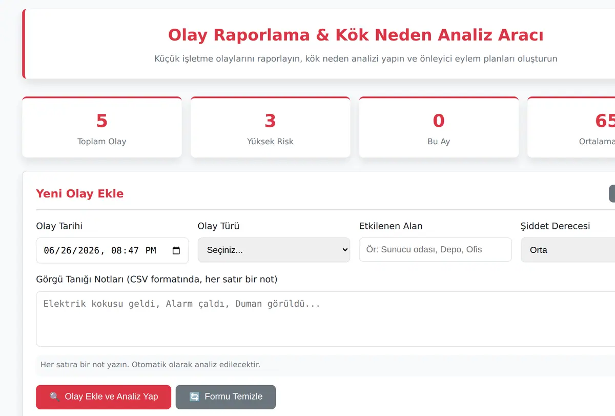 Olay Raporlama & Kök Neden Analiz Aracı ekran görüntüsü