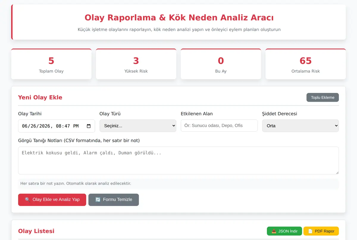 Olay Raporlama & Kök Neden Analiz Aracı ekran görüntüsü 2
