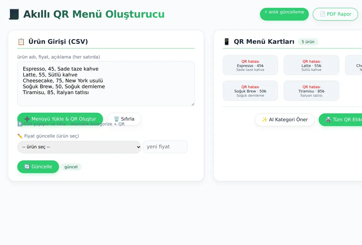 Akıllı QR Menü Oluşturucu - Fiyat Güncelleme ve ekran görüntüsü