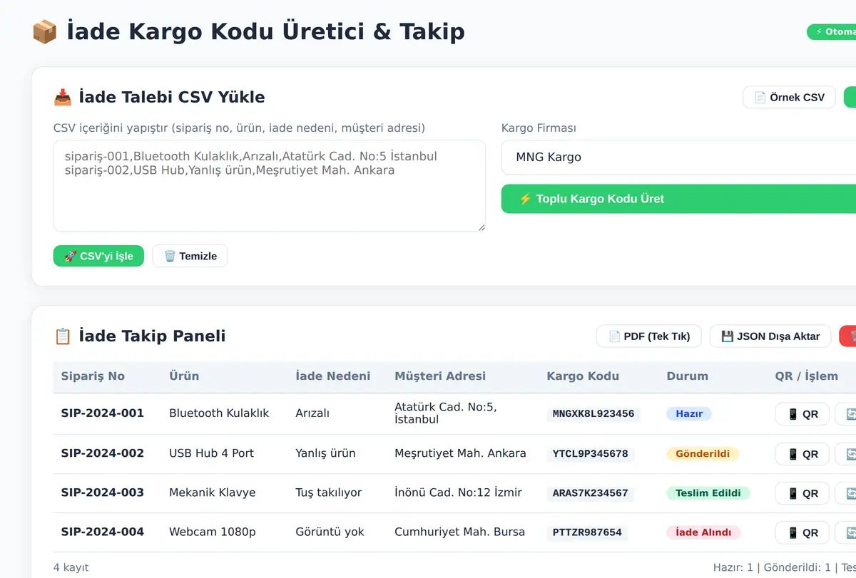 İade Kargo Kodu Üretici ve Takip Entegratörü ekran görüntüsü