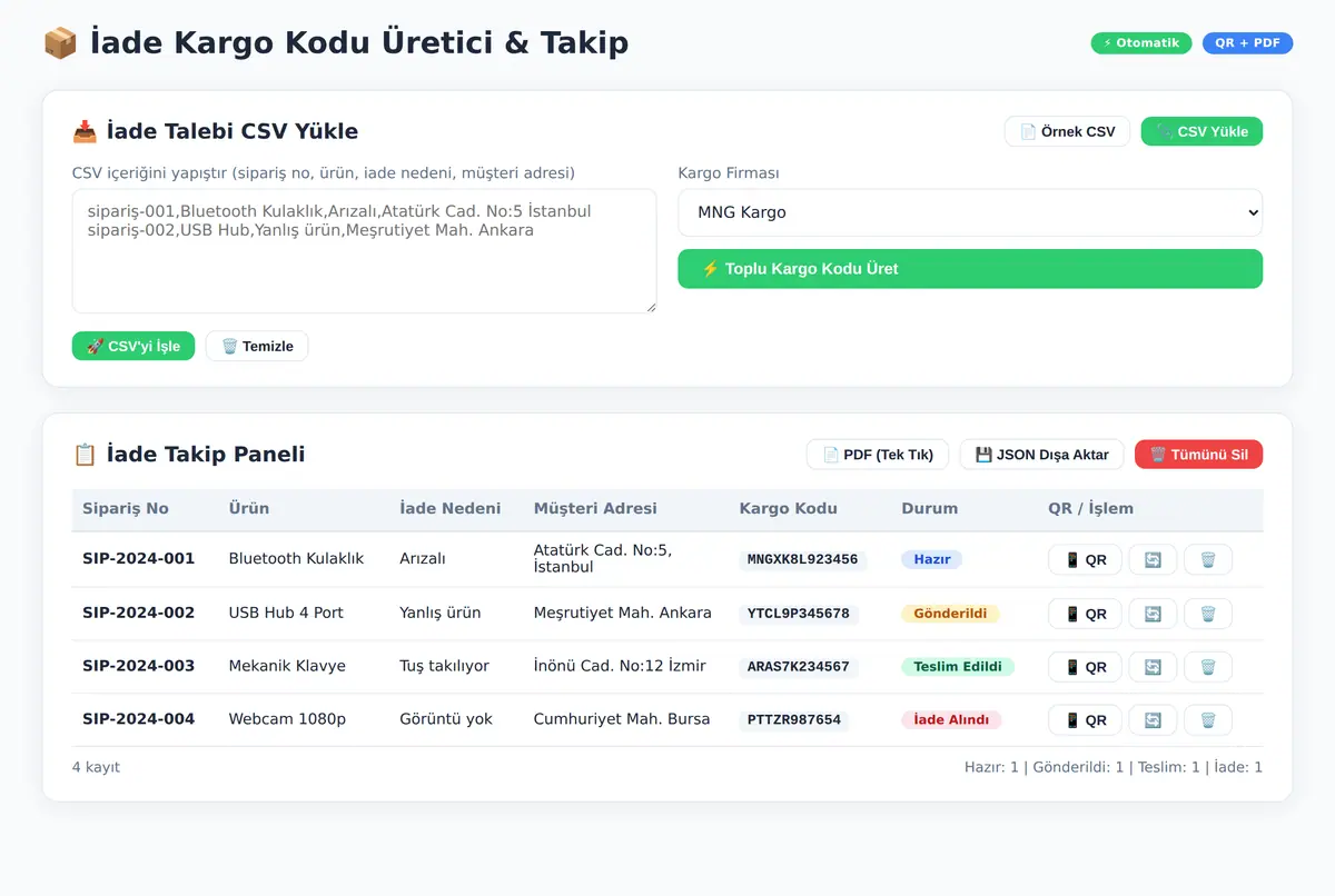 İade Kargo Kodu Üretici ve Takip Entegratörü ekran görüntüsü 2