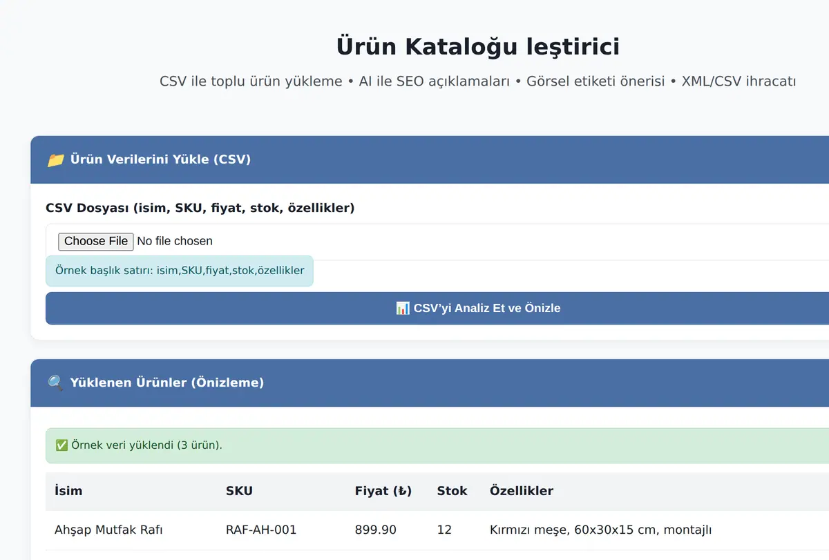 Ürün Kataloğu leştirici ekran görüntüsü