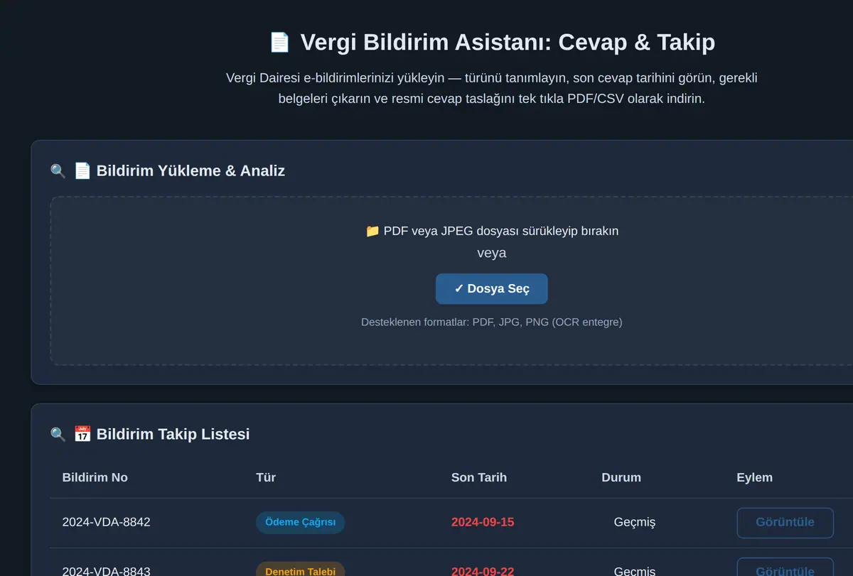 Vergi Bildirim Asistanı: Cevap & Takip ekran görüntüsü